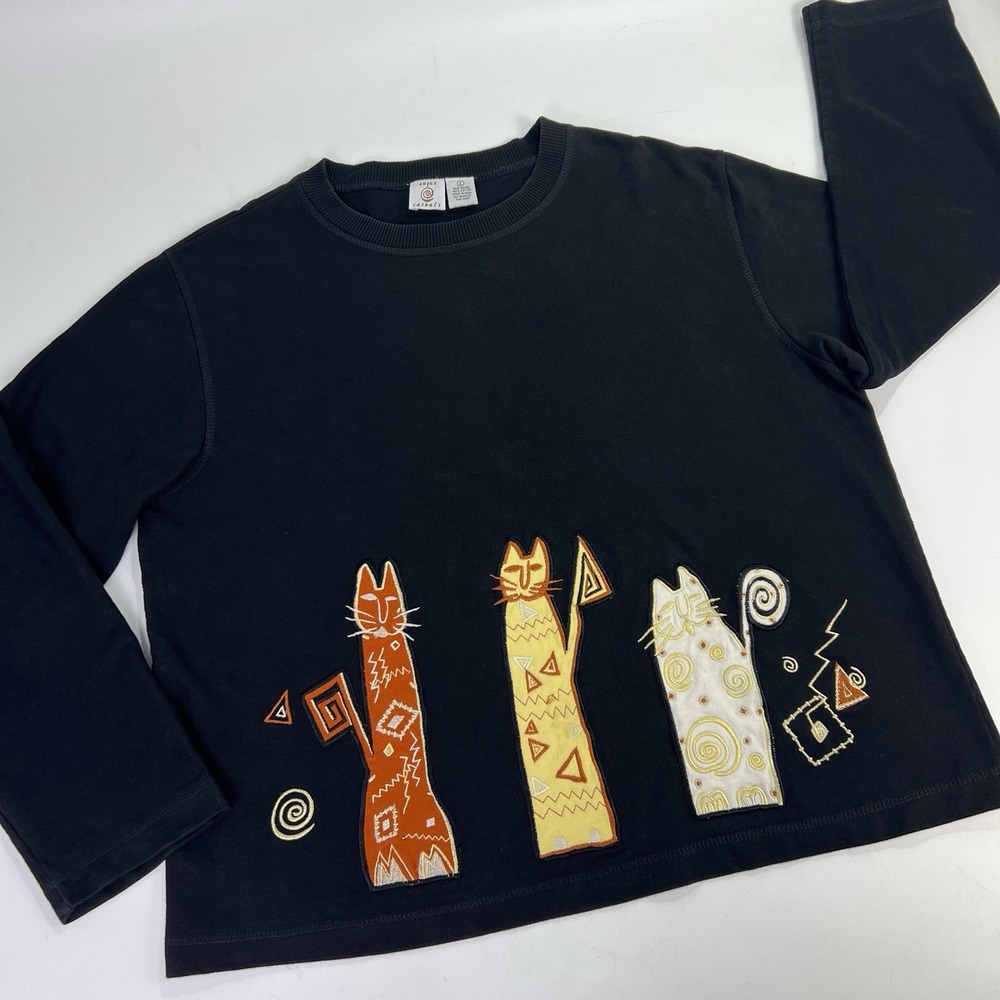 Vtg 90's Onque Whimsical Cats Pullover Top Black Sz L Knit Fleece Artsy Comfy